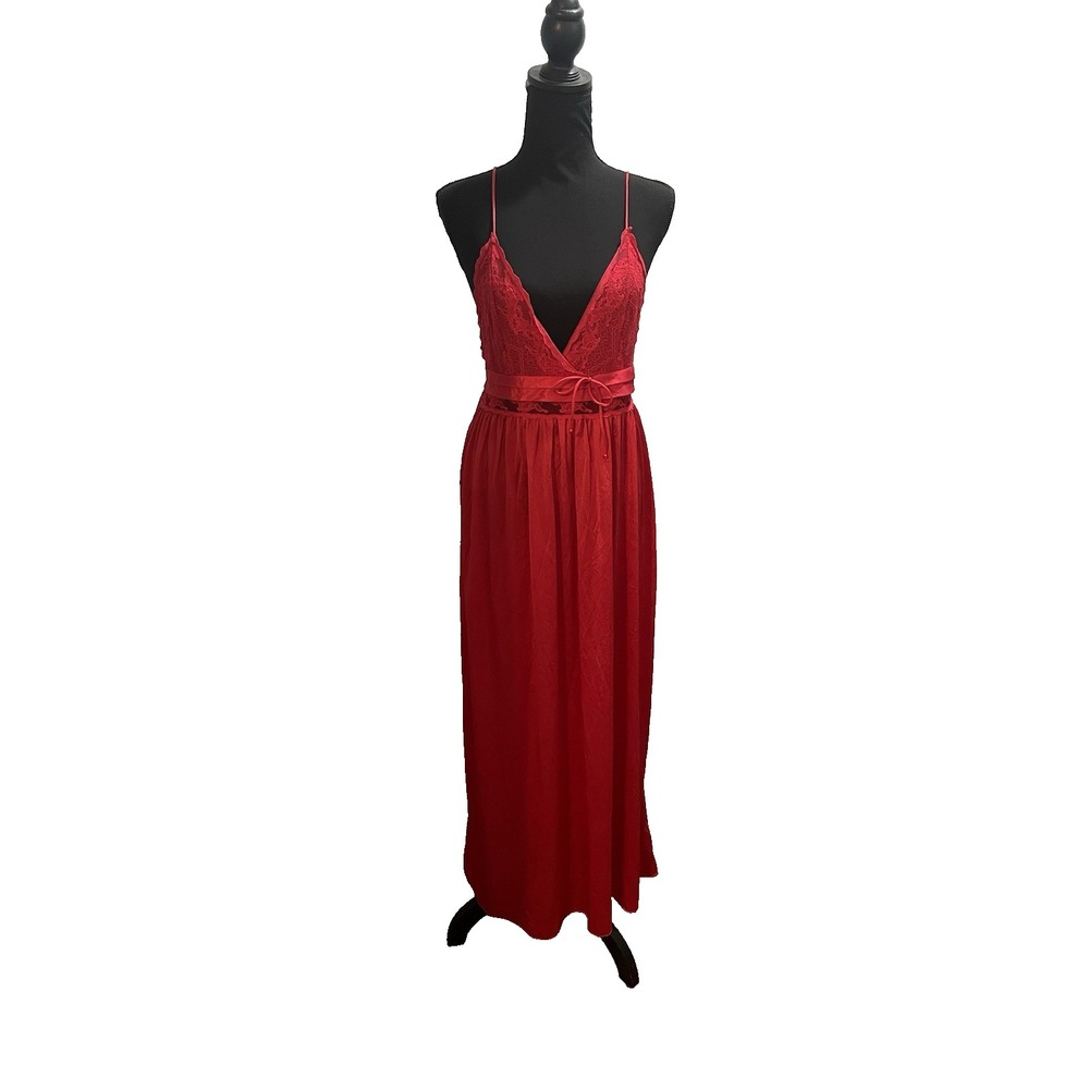 Vintage Gilead Red Nylon Long Nightgown Medium Lace‎ Lingerie